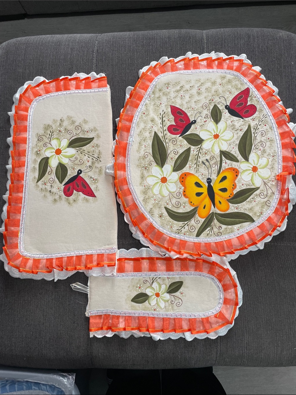 Hand-Painted Floral Butterfly Toilet Set with Orange Trim